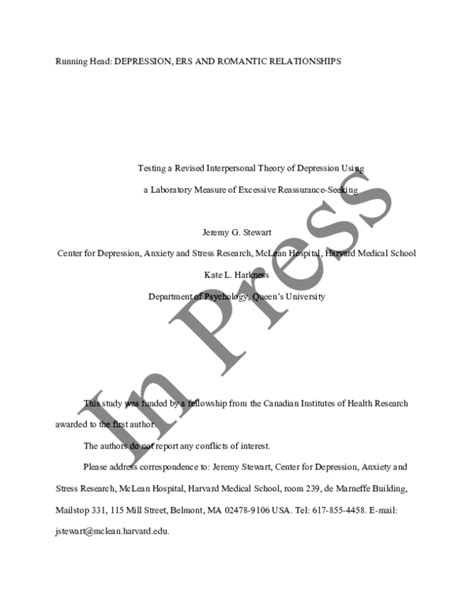 Pdf Testing A Revised Interpersonal Theory Of Depression Using A