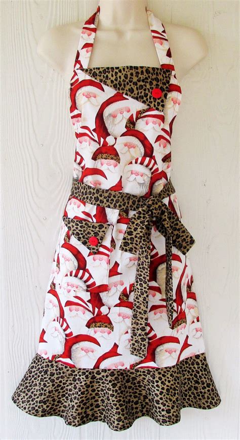 Christmas Apron Santa Claus Leopard Print Retro Christmas Full Apron Womens Retro Style