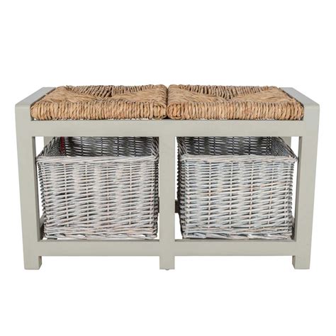 Grey Wooden Storage Bench With 2 Wicker Baskets