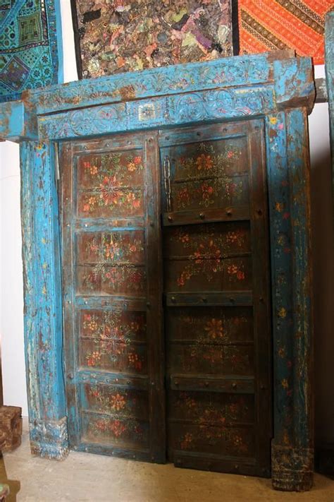 Distressed Blue Floral Indian Teak Double Doors Hand Carved Etsy