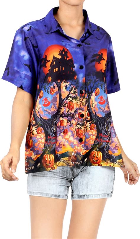 La Leela Women Witch Pumpkin Scary Hawaiian Shirt Halloween Costume