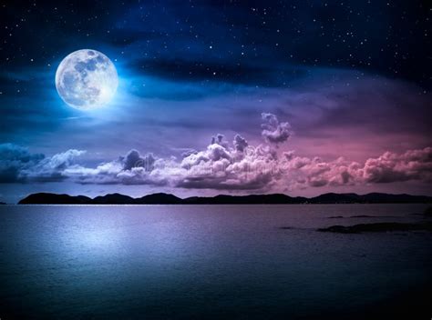 Landscape Of Sky With Full Moon On Seascape To Night Serenity N Stock