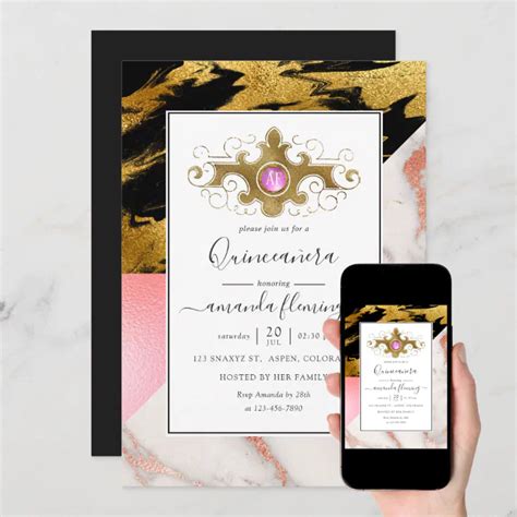 Gold Glam Glitter Marble Monogram Quincea Era Invitation Zazzle