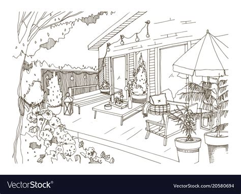 Freehand Sketch Of Backyard Patio Or Terrace Vector Image