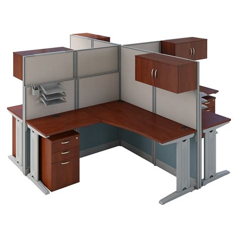Office In An Hour 4 Person L Shaped Cubicle In Hansen Cherry