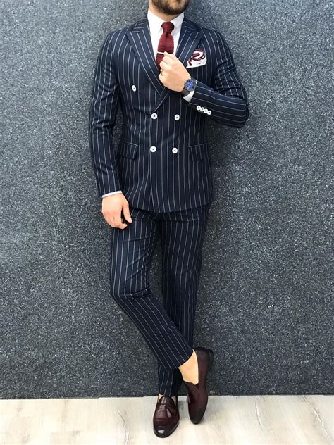 Buy Blue Slim Fit Double Breasted Pinstripe Suit By