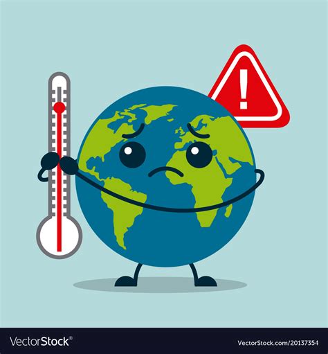 Kawaii Earth Planet Sad With Thermometer Warning Vector Image
