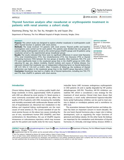 PDF Thyroid Function Analysis After Roxadustat Or Erythropoietin Treatment In Patients With