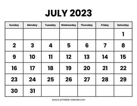 July 2023 Calendar Printable A Printable Calendar