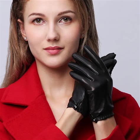 woman s gloves autumn winter short real leather gloves female wrist elastic fashion black