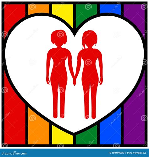 two lesbians hold hands against the background of the heart and the lgbt flag vector stock