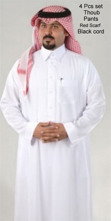 Saudi Dishdasha Men Thoub Thobe Jalabeya Full Embroidered Collar 4 Pcs Set Ebay