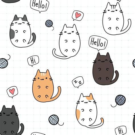 Cute Chubby Cat Kitten Cartoon Doodle Seamless Pattern 2398995 Vector
