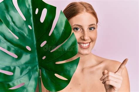 Young Irish Woman Standing Topless Showing Skin Smiling Happy Pointing
