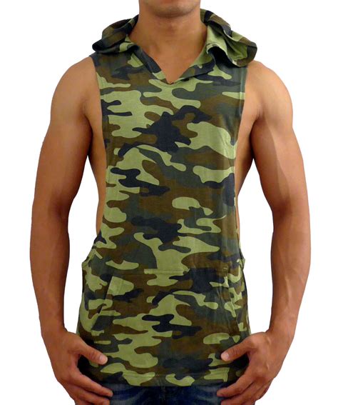 Mens Camo Hooded Sleeveless Tank Top Deep Muscle Bodybuilding Gym Army