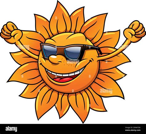 Cute Cartoon Fun Loving Tropical Sun In Sunglasses Smiling Cheering