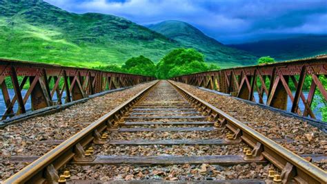 Scottish Railway Track Rail Bridge Fence River Green