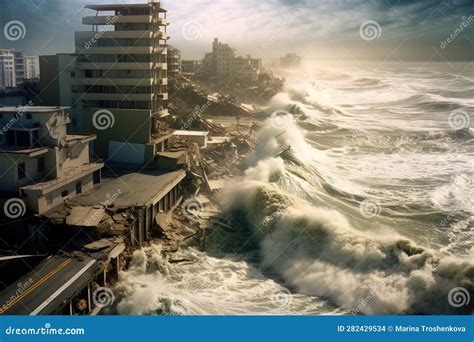 Tsunami With A Big Wave Crashing On Coast Houses Generative Ai Image
