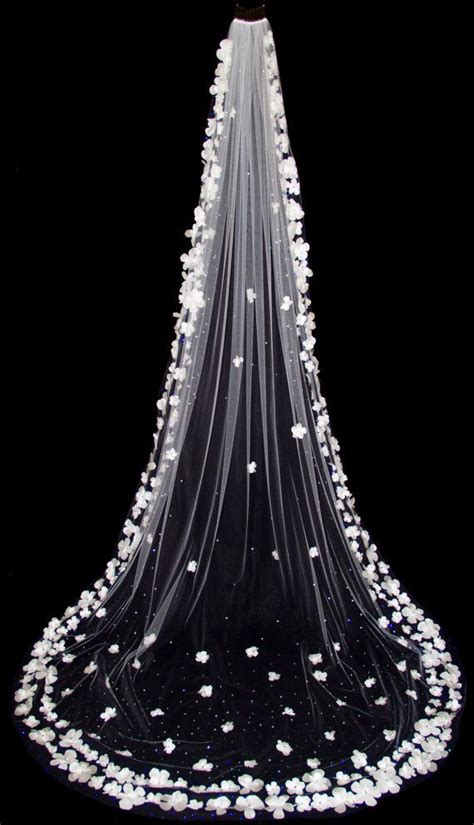 Bridal Veil With Silk Organza Flowers Scattered Crystal Cathedral