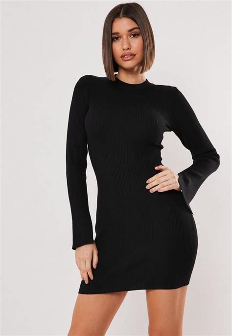 Black Long Sleeve Ribbed Knitted Bodycon Dress Missguided