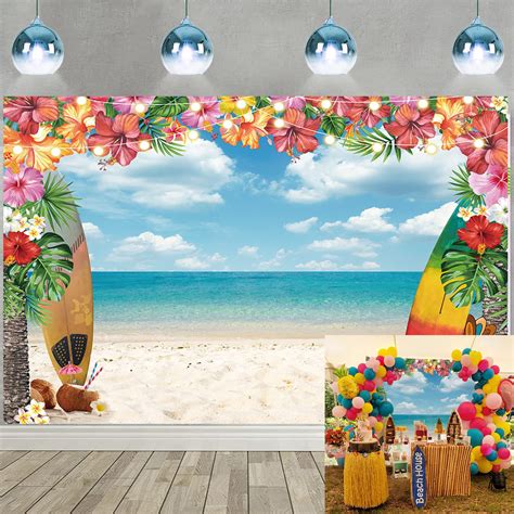 Buy Hawaiian Beach Backdrop Luau Tropical Flowers Blue Sky Ocean