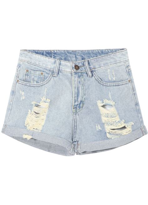 Light Blue Cuffed Ripped Denim Shorts Sheinsheinside Destroyed