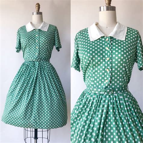1950s vintage green polka dot shirtwaist dress small 26 etsy shirtwaist dress shirtwaist
