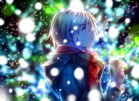 1920x1394 Anime Boy Profile View Red Scarf Winter Snow Coffee Red