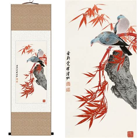 Chinese Silk Watercolor Flower Birds Red Bamboo Two Birds Ink Art Feng