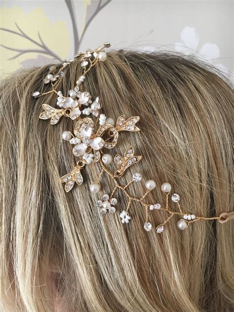 Gold Floral Diamanté And Pearl Handmade Hair Band Hair Vine With