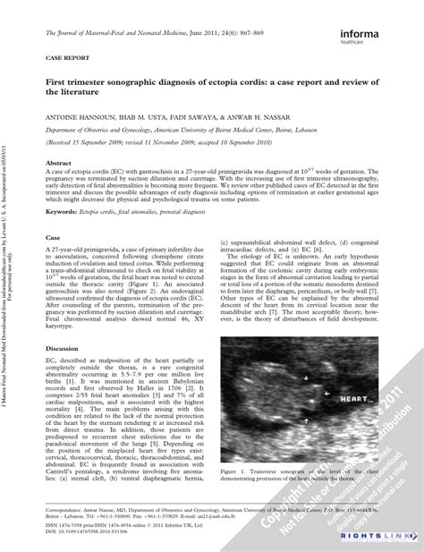 Pdf First Trimester Sonographic Diagnosis Of Ectopia Cordis A Case