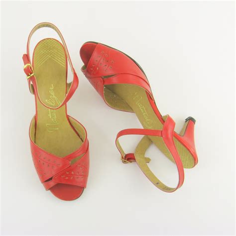 Sale Vintage 1970s Red Peep Toe Slingback Heels Size 7 By