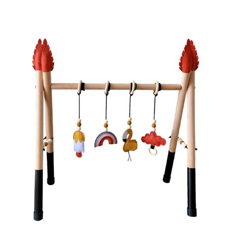 Foldable Wooden Baby Play Gym Toy Stand With 4pcs Pendant Toys Mobile