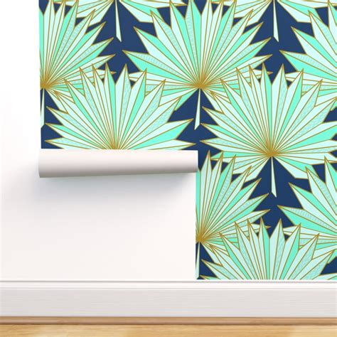 Peel And Stick Wallpaper 9ft X 2ft Art Deco Palm Fan Navy Mint