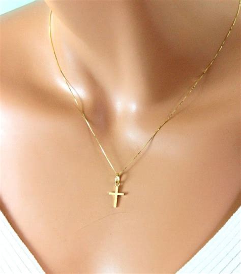 14kt Solid Gold Cross Necklace Women Simple Small Charm Pendant Fine