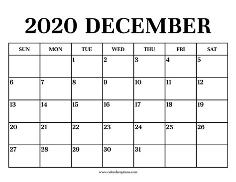 Calendar 2020 December Calendar Options