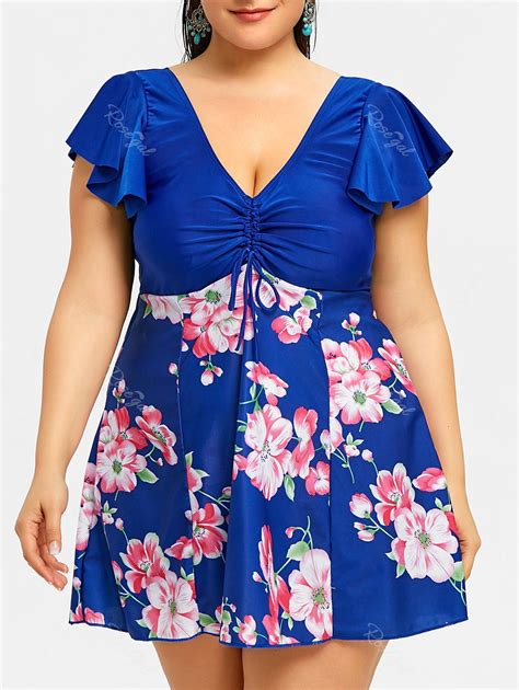 43 Off Plunge Floral Plus Size Skirted Swimdress Rosegal