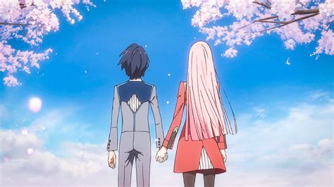 Darling In The Franxx Back View Of Zero Two Hiro With Background Of Blue Sky Clouds And Pink