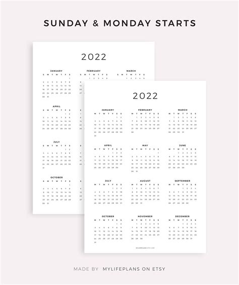 2022 Year Calendar Printable Yearly Wall Calendar Desk Etsy