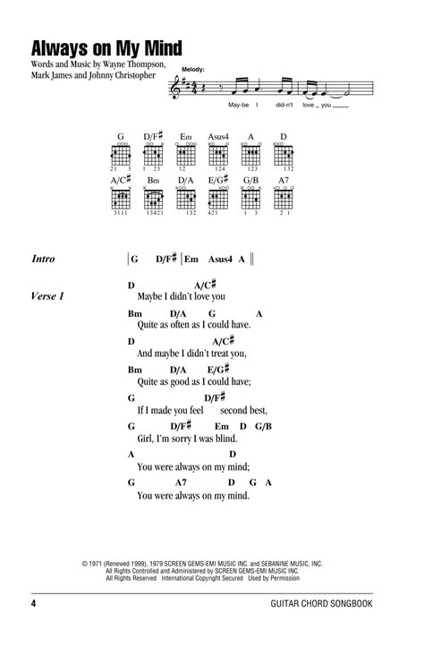 Always On My Mind Sheet Music Willie Nelson Guitar Chordslyrics