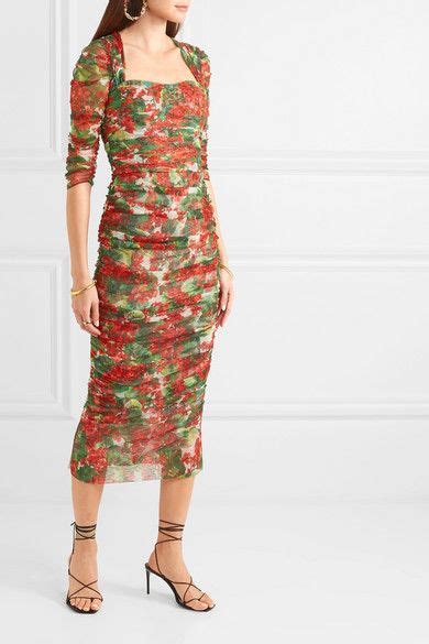 Red Ruched Floral Print Cotton Tulle Midi Dress Dolce And Gabbana