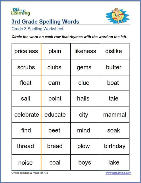 3rd Grade Spelling Words Worksheets Free
