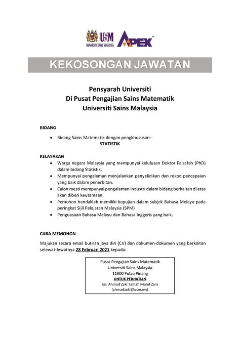 Permohonan adalah dipelawa daripada warganegara malaysia yang berkelayakan untuk mengisi kekosongan jawatan kosong terkini di upnm sebagai : Iklan Kekosongan Jawatan Pensyarah Universiti di PP Sains ...