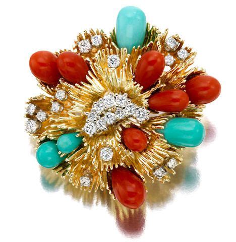 A Coral Turquoise And Diamond Brooch Tiffany And Co Ca