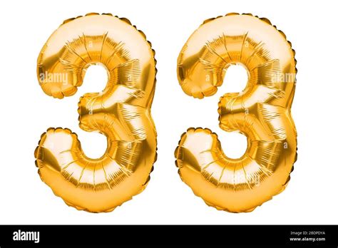 Number 33 Thirty Three Made Of Golden Inflatable Balloons Isolated On