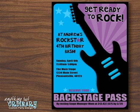 Rockstar Birthday Party Invitation Diy Backstage Pass Guitar Etsy
