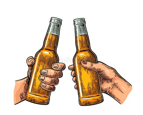 Female And Male Hands Holding And Clinking Open Beer Bottles Stock