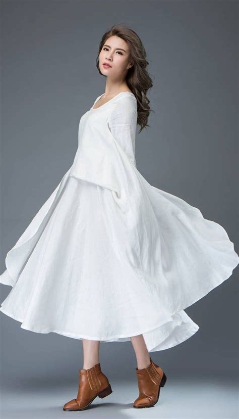 White Linen Dress Layered Flowing Elegant Long Sleeve Long Etsy Women