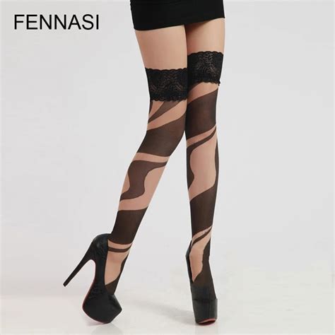Fennasi Stripes Women Stockings Lace Top Sexy Pantyhose Thigh High