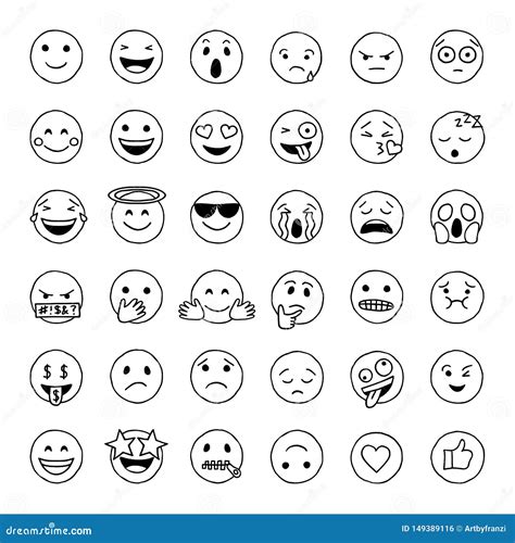 Doodle Emoticons Emoji With Different Expression Of Angry Happy And